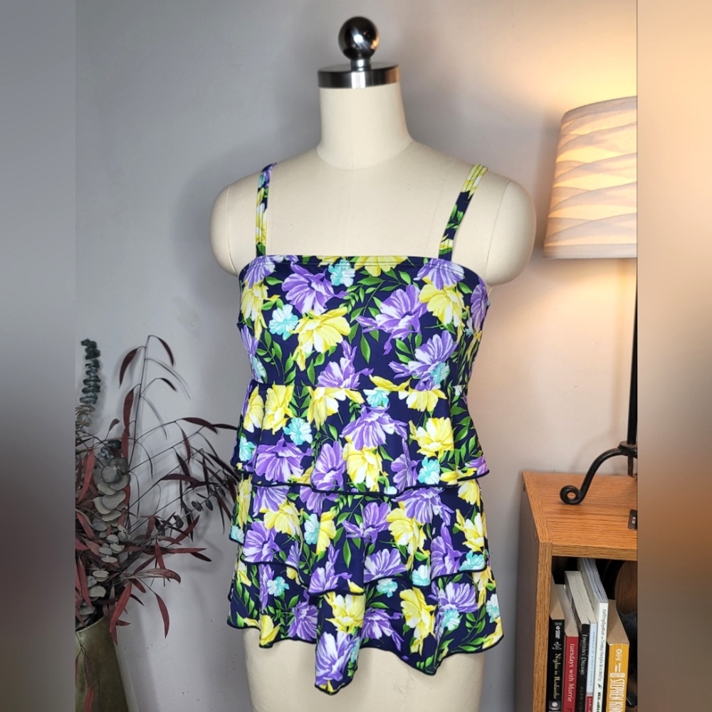 A Shore Fit Swim Top Purple Yellow Floral Size 6